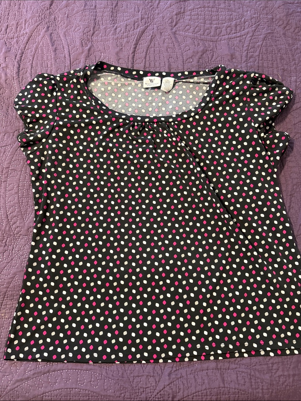 Worthington Black Polka Dot Puff Sleeve Top - Pink & White Dots 1X